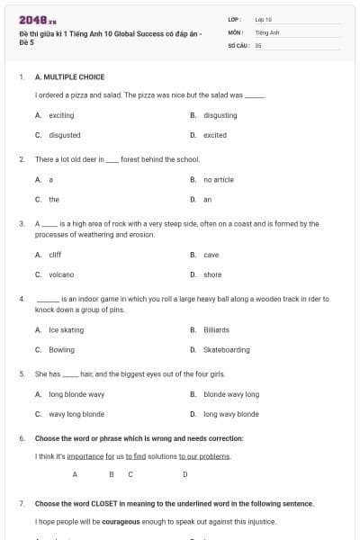 Đề thi giữa kì 1 Tiếng Anh 10 Global Success có đáp án - Đề 5