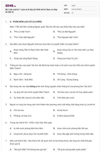 Bộ 3 đề cuối kì 1 Lịch sử & Địa lý 8 Kết nối tri thức có đáp án (Đề 2)