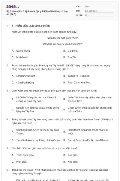 Bộ 3 đề cuối kì 1 Lịch sử & Địa lý 8 Kết nối tri thức có đáp án (Đề 3)