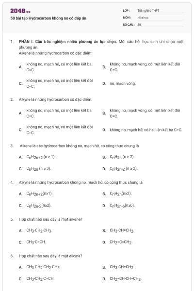 50 bài tập Hydrocarbon không no có đáp án