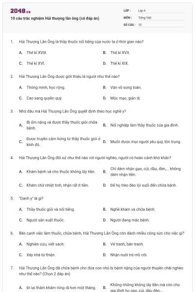 10 câu trắc nghiệm Hải thượng lãn ông (có đáp án)
