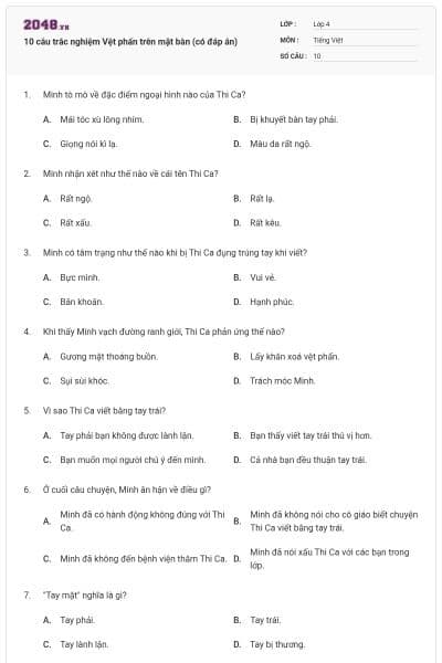 10 câu trắc nghiệm Vệt phấn trên mặt bàn (có đáp án)