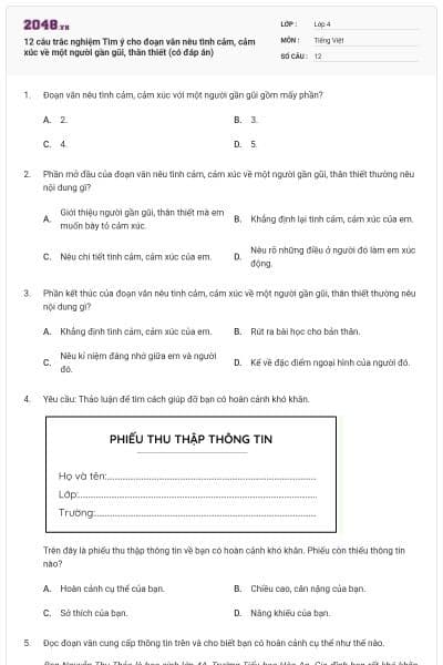 12 câu trắc nghiệm Tìm ý cho đoạn văn nêu tình cảm, cảm xúc về một người gần gũi, thân thiết (có đáp án)