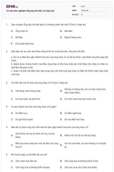 10 câu trắc nghiệm Ông bụt đã đến (có đáp án)