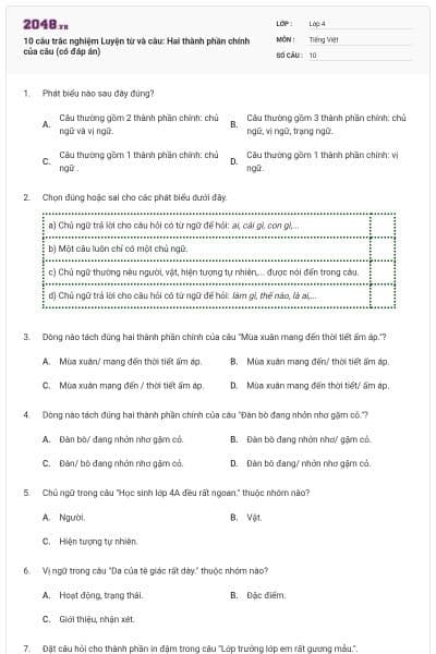 10 câu trắc nghiệm Luyện từ và câu: Hai thành phần chính của câu (có đáp án)