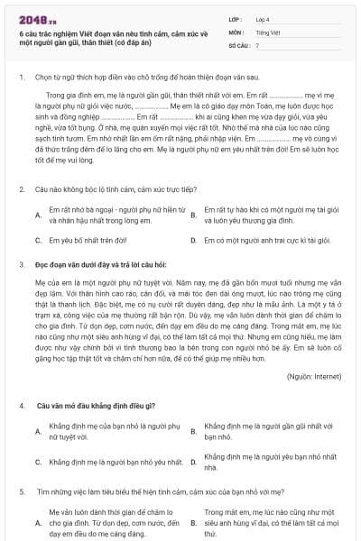 6 câu trắc nghiệm Viết đoạn văn nêu tình cảm, cảm xúc về một người gần gũi, thân thiết (có đáp án)