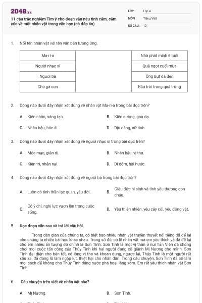 11 câu trắc nghiệm Tìm ý cho đoạn văn nêu tình cảm, cảm xúc về một nhân vật trong văn học (có đáp án)