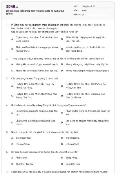 Đề minh họa tốt nghiệp THPT Địa lí có đáp án năm 2025 (Đề 5)
