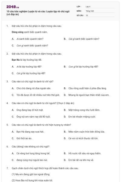 10 câu trắc nghiệm Luyện từ và câu: Luyện tập về chủ ngữ (có đáp án)