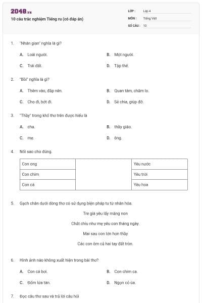 10 câu trắc nghiệm Tiếng ru (có đáp án)