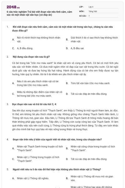 6 câu trắc nghiệm Trả bài viết đoạn văn nêu tình cảm, cảm xúc về một nhân vật văn học (có đáp án)