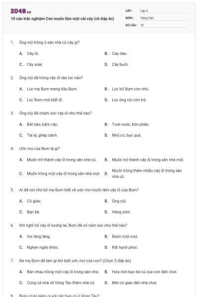 10 câu trắc nghiệm Con muốn làm một cái cây (có đáp án)