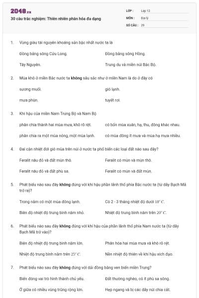 30 câu trắc nghiệm: Thiên nhiên phân hóa đa dạng