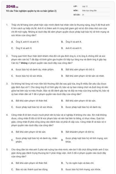 93 câu Trắc nghiệm quyền tự do cơ bản (phần 2)
