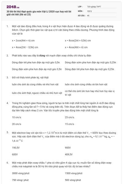 30 Đề thi thử thpt quốc gia môn Vật Lí 2020 cực hay nói lời giải chi tiết (Đề số 23)
