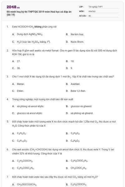 Đề minh hoạ kỳ thi THPTQG 2019 môn Hoá học có đáp án (Đề 19)
