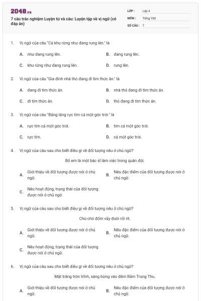 7 câu trắc nghiệm Luyện từ và câu: Luyện tập về vị ngữ (có đáp án)