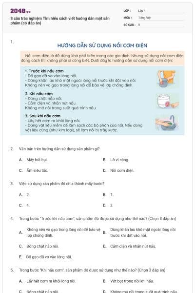 8 câu trắc nghiệm Tìm hiểu cách viết hướng dẫn một sản phẩm (có đáp án)