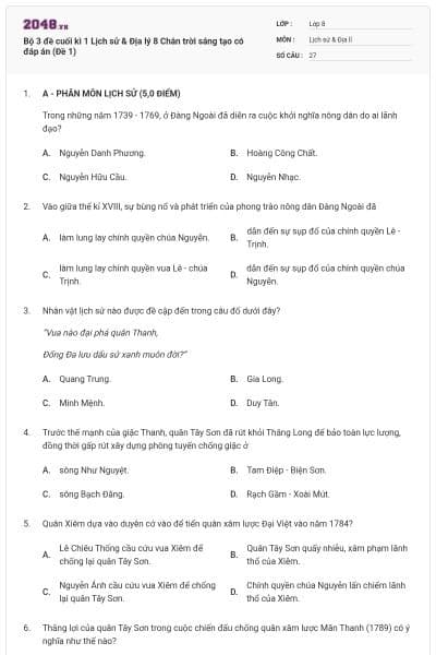 Bộ 3 đề cuối kì 1 Lịch sử & Địa lý 8 Chân trời sáng tạo có đáp án (Đề 1)