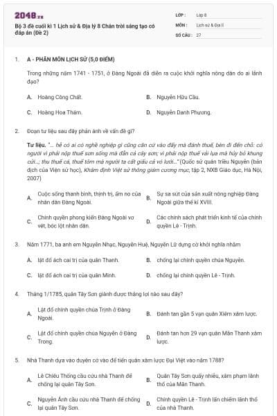 Bộ 3 đề cuối kì 1 Lịch sử & Địa lý 8 Chân trời sáng tạo có đáp án (Đề 2)