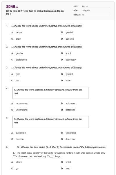 Đề thi giữa kì 2 Tiếng Anh 10 Global Success có đáp án - Đề 1