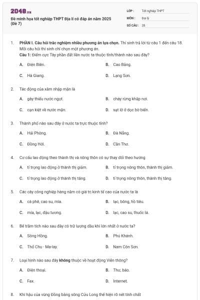 Đề minh họa tốt nghiệp THPT Địa lí có đáp án năm 2025 (Đề 7)