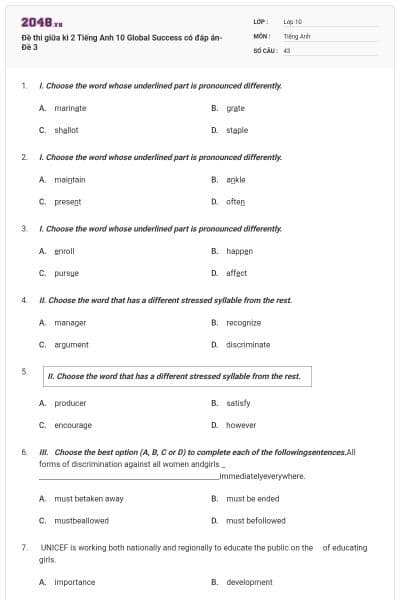Đề thi giữa kì 2 Tiếng Anh 10 Global Success có đáp án- Đề 3