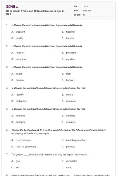 Đề thi giữa kì 2 Tiếng Anh 10 Global Success có đáp án- Đề 4