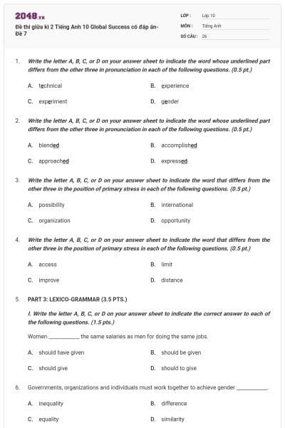 Đề thi giữa kì 2 Tiếng Anh 10 Global Success có đáp án- Đề 7