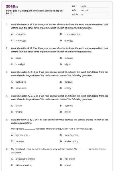 Đề thi giữa kì 2 Tiếng Anh 10 Global Success có đáp án- Đề 10