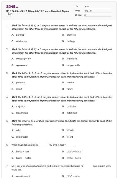 Bộ 5 đề thi cuối kì 1 Tiếng Anh 11 Friends Global có đáp án - Đề 1
