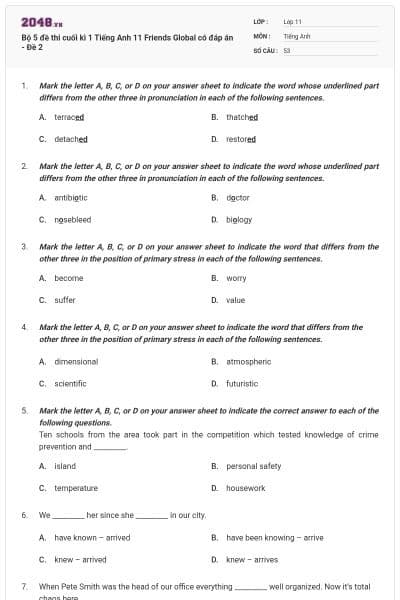 Bộ 5 đề thi cuối kì 1 Tiếng Anh 11 Friends Global có đáp án - Đề 2