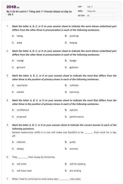 Bộ 5 đề thi cuối kì 1 Tiếng Anh 11 Friends Global có đáp án - Đề 4