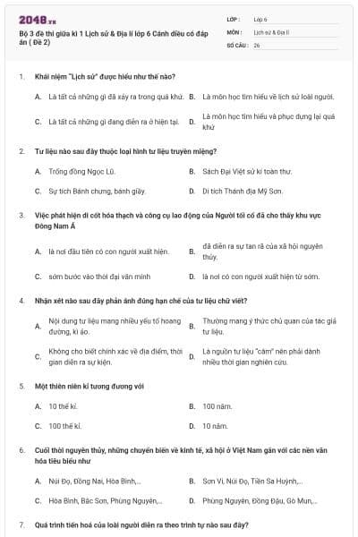 Bộ 3 đề thi giữa kì 1 Lịch sử & Địa lí lớp 6 Cánh diều có đáp án ( Đề 2)