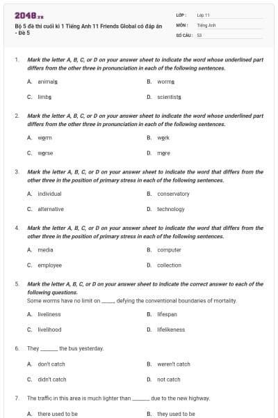 Bộ 5 đề thi cuối kì 1 Tiếng Anh 11 Friends Global có đáp án - Đề 5
