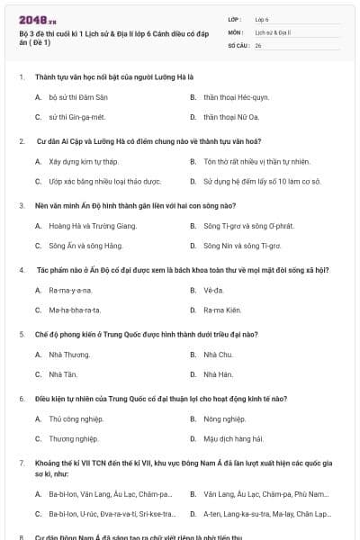 Bộ 3 đề thi cuối kì 1 Lịch sử & Địa lí lớp 6 Cánh diều có đáp án ( Đề 1)