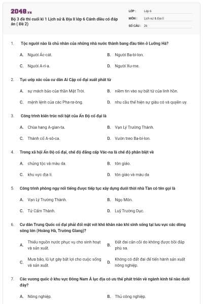 Bộ 3 đề thi cuối kì 1 Lịch sử & Địa lí lớp 6 Cánh diều có đáp án ( Đề 2)