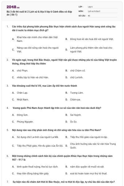 Bộ 3 đề thi cuối kì 2 Lịch sử & Địa lí lớp 6 Cánh diều có đáp án ( Đề 1)