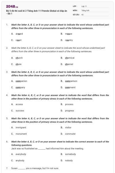 Bộ 5 đề thi cuối kì 2 Tiếng Anh 11 Friends Global có đáp án - Đề 1
