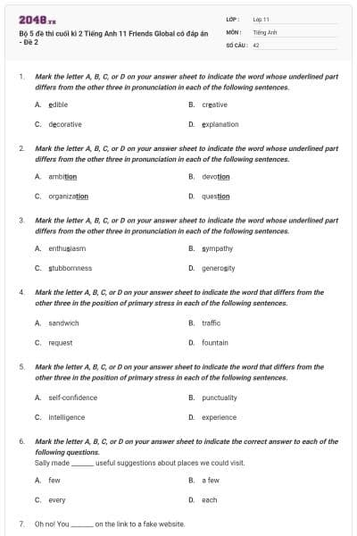 Bộ 5 đề thi cuối kì 2 Tiếng Anh 11 Friends Global có đáp án - Đề 2