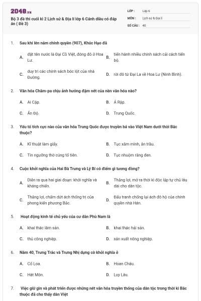 Bộ 3 đề thi cuối kì 2 Lịch sử & Địa lí lớp 6 Cánh diều có đáp án ( Đề 3)
