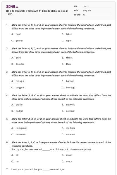 Bộ 5 đề thi cuối kì 2 Tiếng Anh 11 Friends Global có đáp án - Đề 4