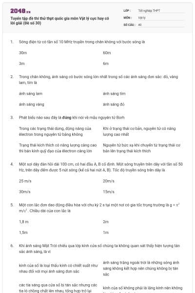 Tuyển tập đề thi thử thpt quốc gia môn Vật lý cực hay có lời giải (Đề số 30)