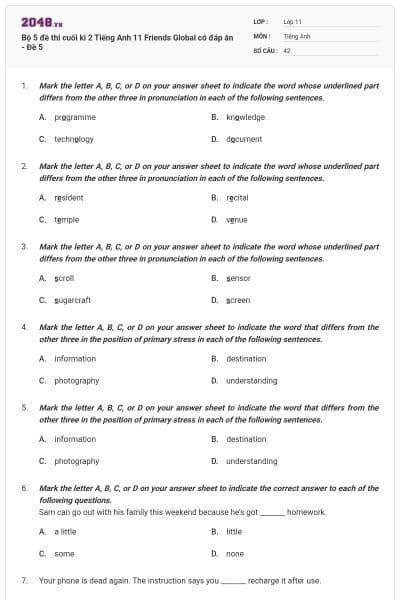 Bộ 5 đề thi cuối kì 2 Tiếng Anh 11 Friends Global có đáp án - Đề 5