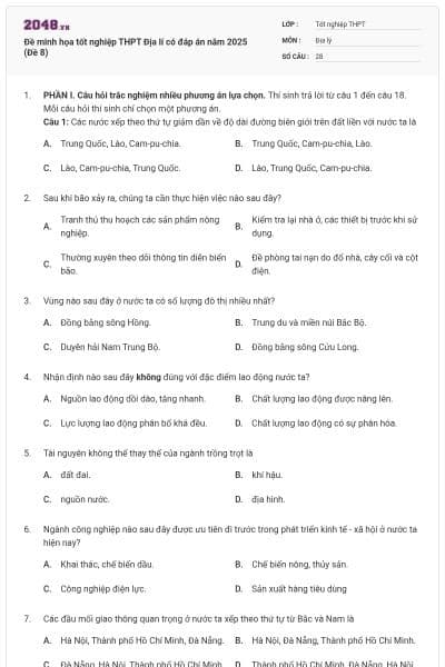 Đề minh họa tốt nghiệp THPT Địa lí có đáp án năm 2025 (Đề 8)