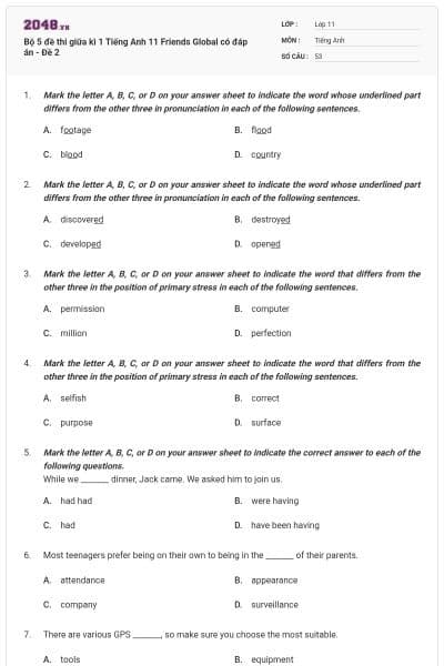 Bộ 5 đề thi giữa kì 1 Tiếng Anh 11 Friends Global có đáp án - Đề 2