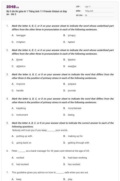 Bộ 5 đề thi giữa kì 1 Tiếng Anh 11 Friends Global có đáp án - Đề 3