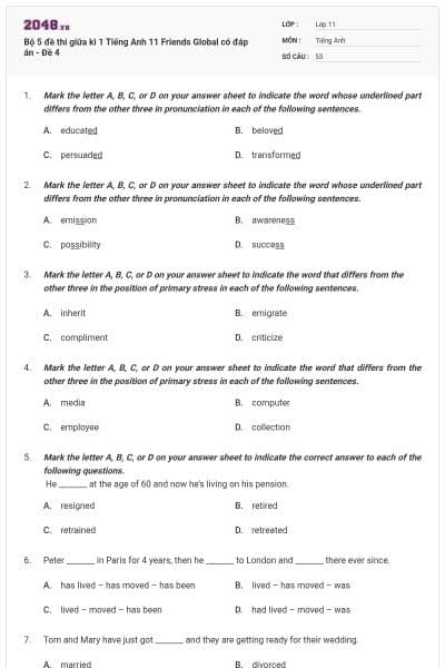 Bộ 5 đề thi giữa kì 1 Tiếng Anh 11 Friends Global có đáp án - Đề 4