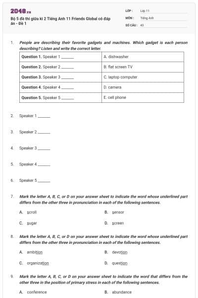 Bộ 5 đề thi giữa kì 2 Tiếng Anh 11 Friends Global có đáp án - Đề 1