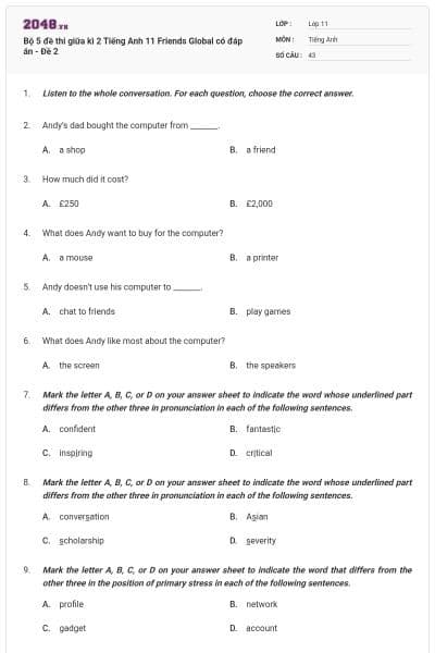 Bộ 5 đề thi giữa kì 2 Tiếng Anh 11 Friends Global có đáp án - Đề 2